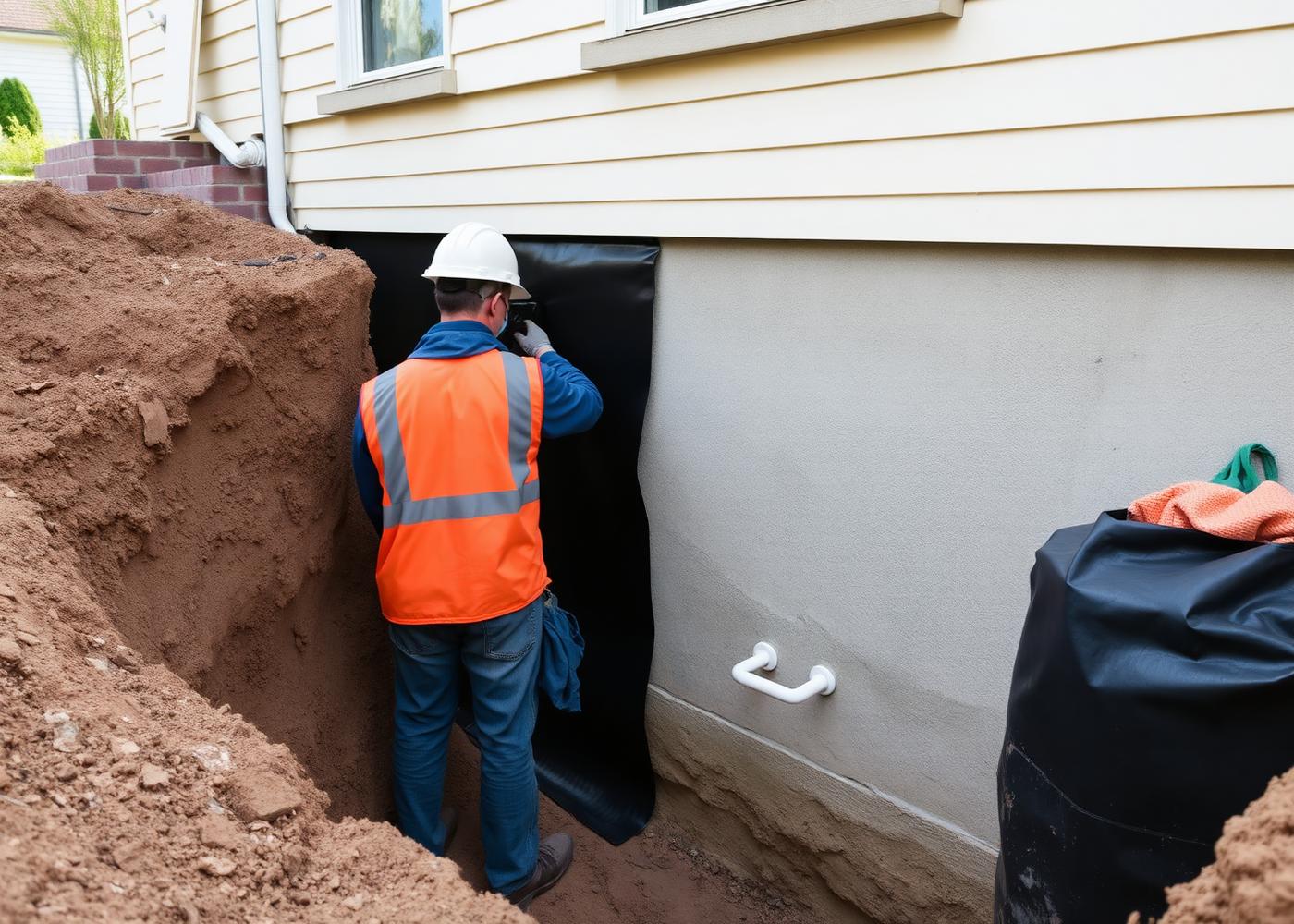 Contractor applying waterproof membrane to an excavated exterior foundation wall of an Oakville home