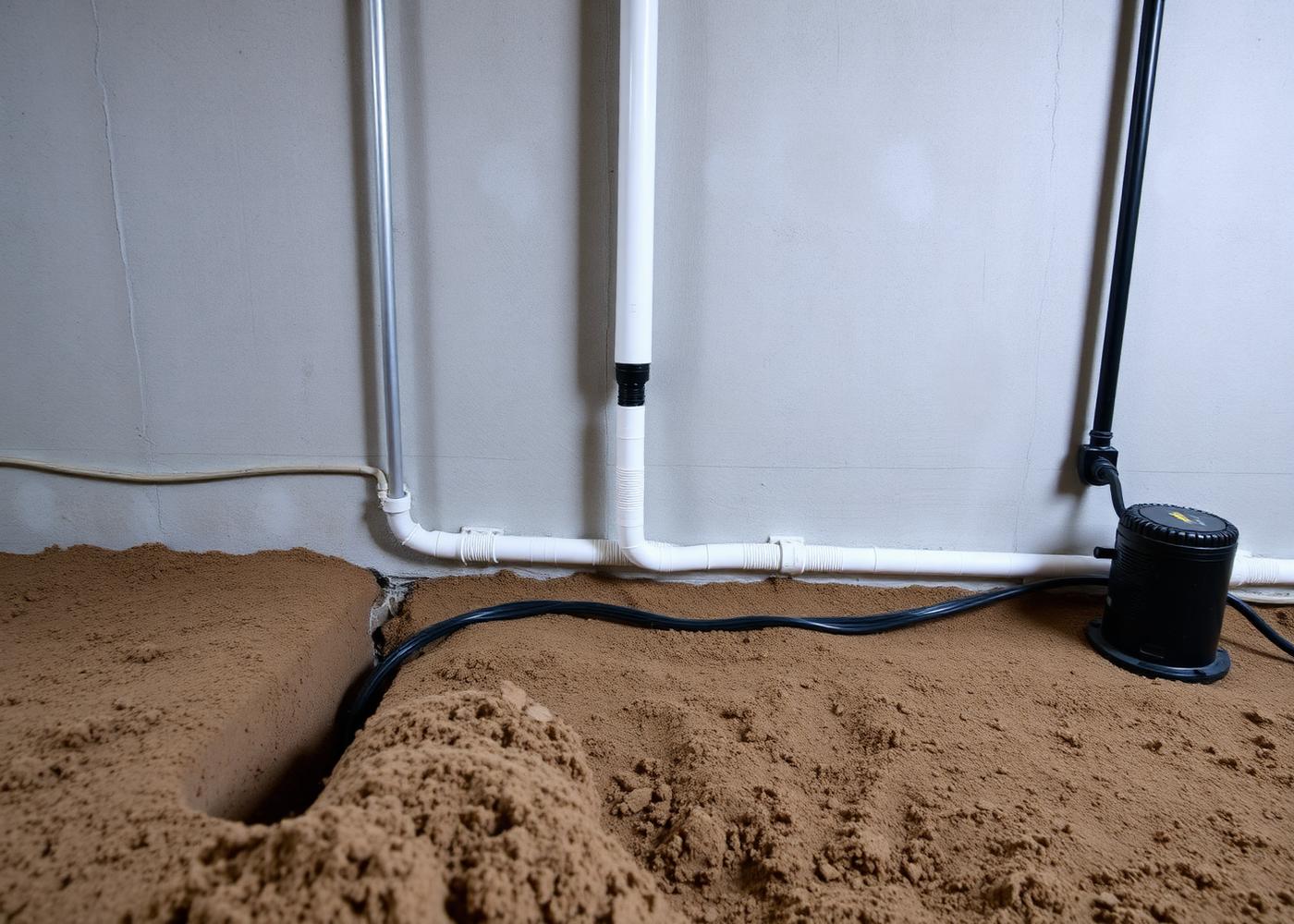 Interior basement drainage system and sump pump installed along a foundation wall in an Oakville home